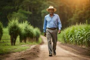 a man in a hat walking down a dirt road. AI-Generated photo