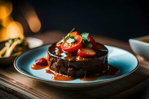 a dessert on a plate with strawberries and sauce. AI-Generated photo