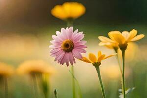 a field of yellow and pink flowers in the sun. AI-Generated photo