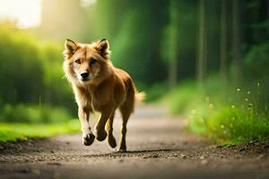 un perro corriendo en un suciedad la carretera en el bosque. generado por ai foto