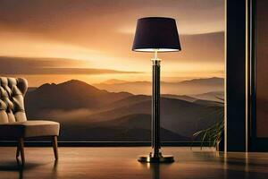 a lamp in front of a chair and a view of mountains. AI-Generated photo