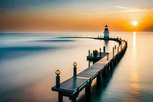 a long exposure photograph of a lighthouse at sunset. AI-Generated photo