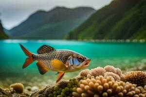 a fish is standing on the shore of a lake. AI-Generated photo