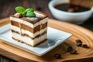 a slice of cake with coffee beans and a spoon. AI-Generated photo