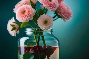 rosado flores en un vaso tarro con hojas. generado por ai foto