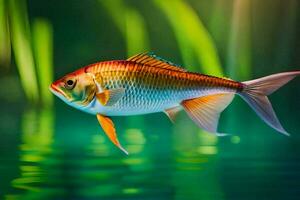 un pescado nadando en el agua con césped. generado por ai foto