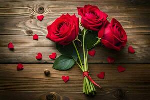 red roses on a wooden table with hearts. AI-Generated photo