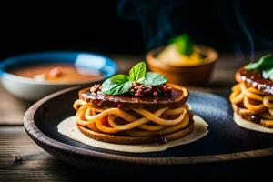 two pasta dishes on a black plate. AI-Generated photo