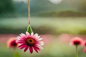 a pink flower hanging from a string in a field. AI-Generated photo