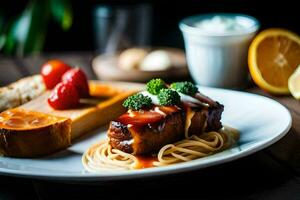 un plato con espaguetis, carne y vegetales. generado por ai foto