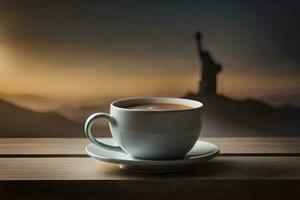a cup of coffee with the statue of liberty in the background. AI-Generated photo