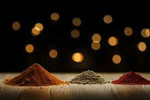 three different spices on a wooden table. AI-Generated photo