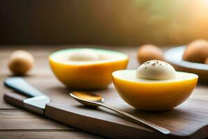 two eggs in a bowl with a spoon and spoon. AI-Generated photo