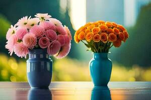 two vases with flowers in them on a table. AI-Generated photo