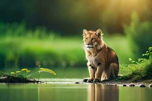 a lion sitting on the bank of a river. AI-Generated photo