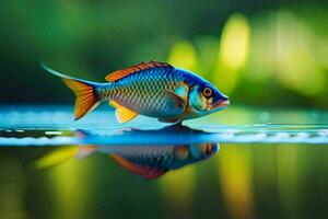 a fish is standing on the water with its reflection. AI-Generated photo