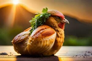 un pollo con un verde hoja en sus cabeza. generado por ai foto