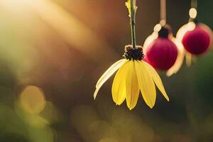 a yellow flower hangs from a string. AI-Generated photo