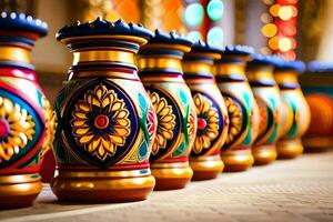 colorful vases lined up on a table. AI-Generated photo