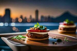 a plate with two burgers on it with a city view. AI-Generated photo
