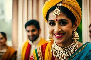 a smiling bride in traditional indian attire. AI-Generated photo