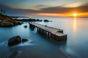 a long exposure photo of a pier in the ocean. AI-Generated