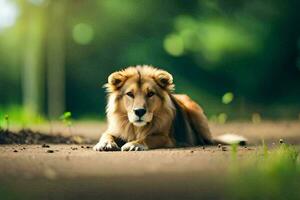 a lion laying on the ground in the middle of a field. AI-Generated photo