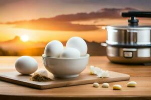 eggs in a bowl with garlic and spices on a table. AI-Generated photo