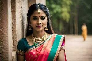 hermosa indio mujer en tradicional sari. generado por ai foto