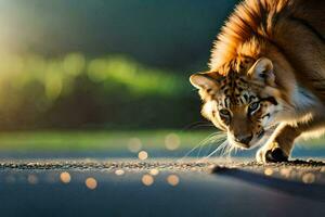 a tiger walking across the road. AI-Generated photo