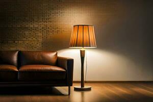 a brown leather couch and lamp in a dark room. AI-Generated photo