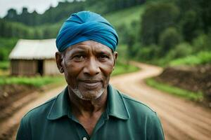 a man in a turban stands on a dirt road. AI-Generated photo