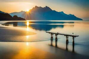 a pier in the middle of a lake with mountains in the background. AI-Generated photo