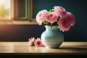 pink flowers in a vase on a table near a window. AI-Generated photo