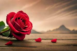 a single red rose on a wooden table with petals scattered. AI-Generated photo