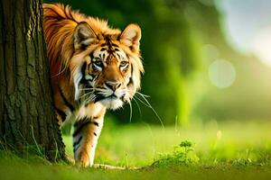 a tiger is standing in the grass near a tree. AI-Generated photo