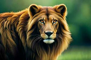 a lion is standing in the grass with a green background. AI-Generated photo