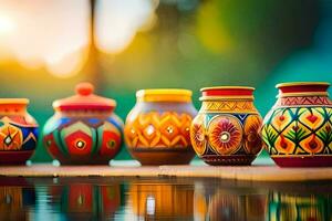 colorful pots lined up on a table with a sun in the background. AI-Generated photo
