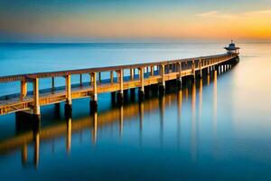 a long pier with a lighthouse at sunset. AI-Generated photo