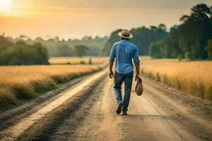 un hombre caminando abajo un suciedad la carretera con un sombrero. generado por ai foto