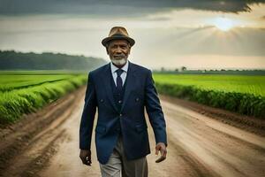 an older man in a suit and hat walking down a dirt road. AI-Generated photo