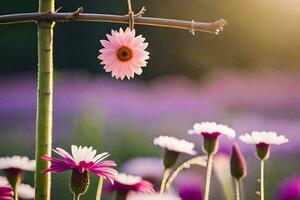 a pink flower hanging from a branch in a field. AI-Generated photo
