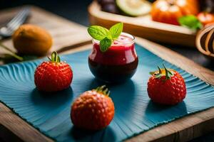 fresas y un vaso de jugo en un azul lámina. generado por ai foto