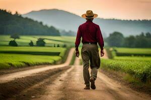 a man in a hat walks down a dirt road. AI-Generated photo