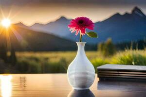 a pink flower sits in a vase on a table with mountains in the background. AI-Generated photo