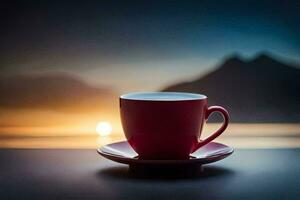 a cup of coffee on a table with the sun setting behind it. AI-Generated photo