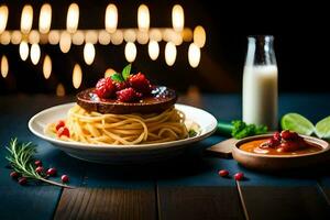 spaghetti with meat sauce and berries on a wooden table. AI-Generated photo
