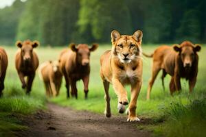 lioness running in the forest with cows. AI-Generated photo