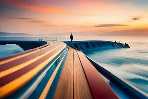 a man walks along a pier at sunset. AI-Generated photo