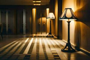 a hallway with a lamp on the floor. AI-Generated photo